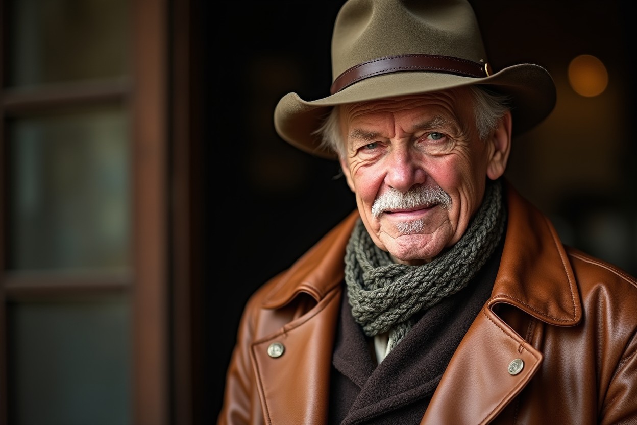 A dignified older man wearing a stylish leather coat and a traditional hat, showcasing a confident demeanor