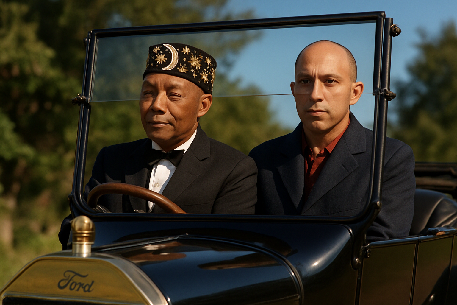 Place both of these men in a Model T ford. The one to the left is driving. The photo must be in color.
