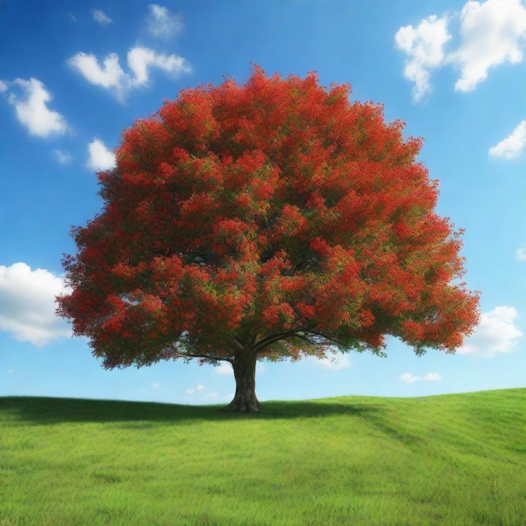 Generate a scene with a red fruit tree surrounded by a lush green meadow with a clear blue sky overhead.