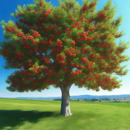 Generate a scene with a red fruit tree surrounded by a lush green meadow with a clear blue sky overhead.