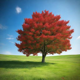 Generate a scene with a red fruit tree surrounded by a lush green meadow with a clear blue sky overhead.