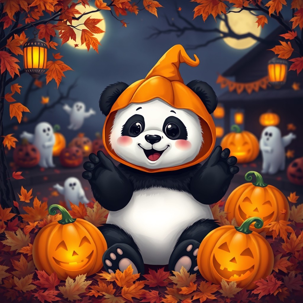 A cute panda dressed in a Halloween costume, playfully sitting among colorful autumn leaves