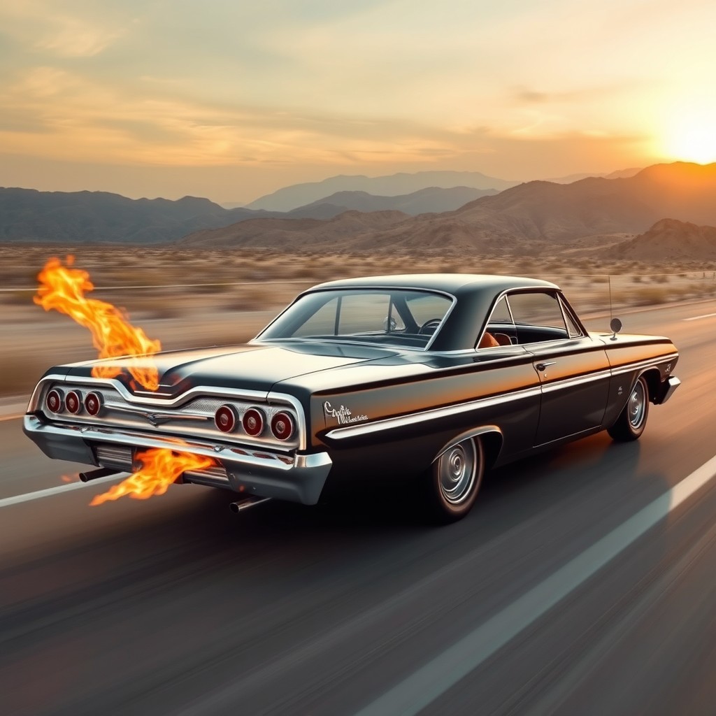 A sleek black 1960s Impala speeding down a deserted highway, flames erupting from the exhaust pipe, emphasizing its dynamic motion
