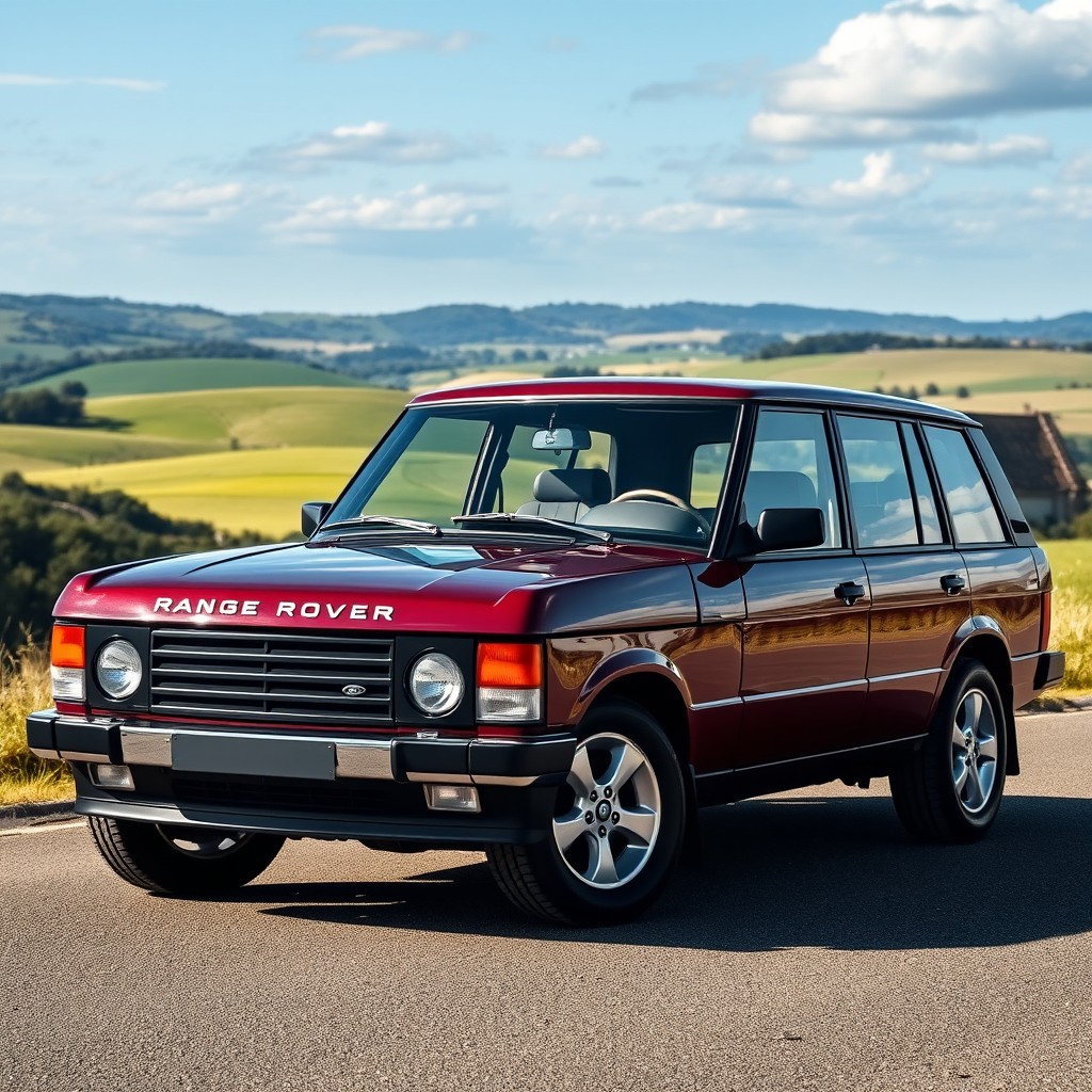 A modern vintage car inspired by the Range Rover E38t, featuring a sleek and polished body design with retro curves and chrome accents