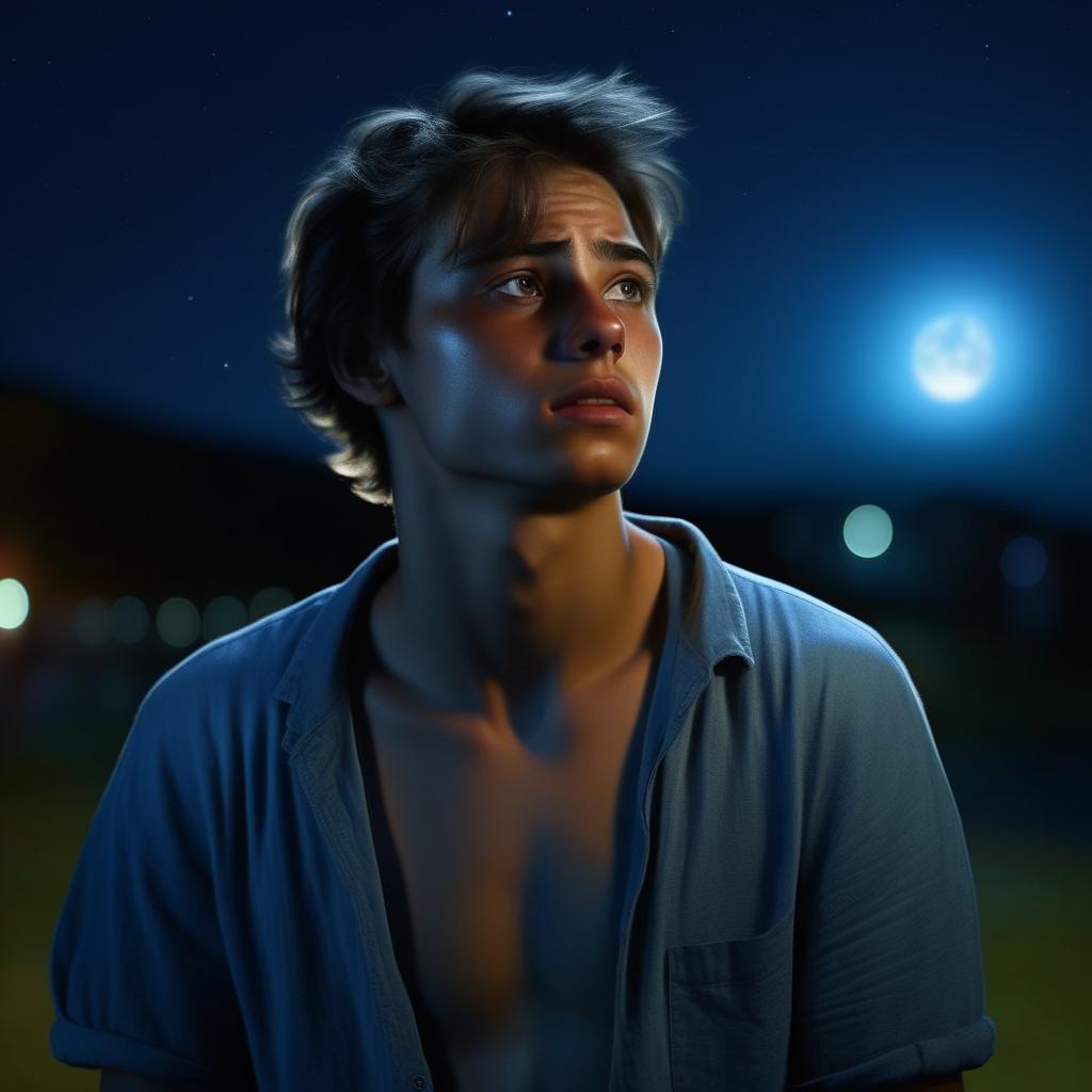 A young man wearing a blue shirt, captured under a sorrowful moonlight in the nighttime. The image should be rendered in 8K resolution detail.