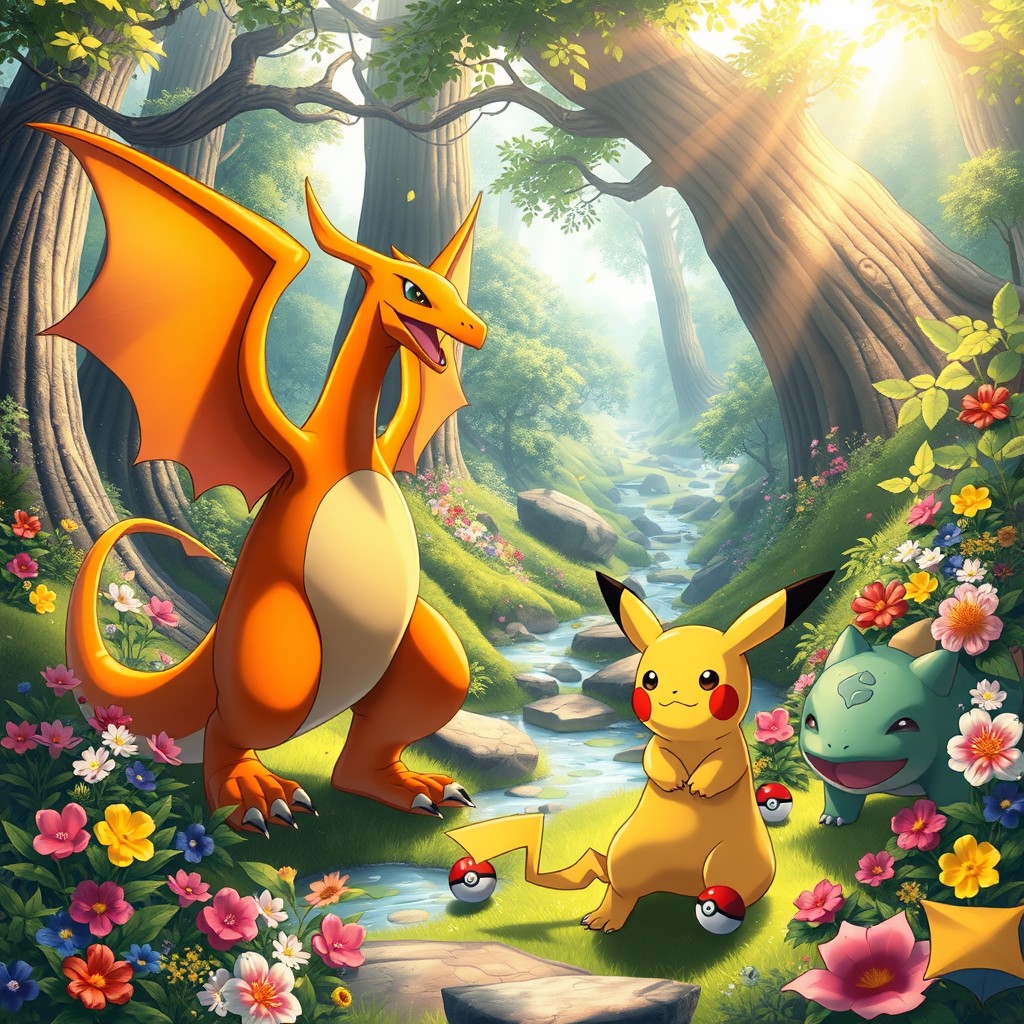 A vivid scene of a lush, vibrant Pokémon forest filled with diverse Pokémon species