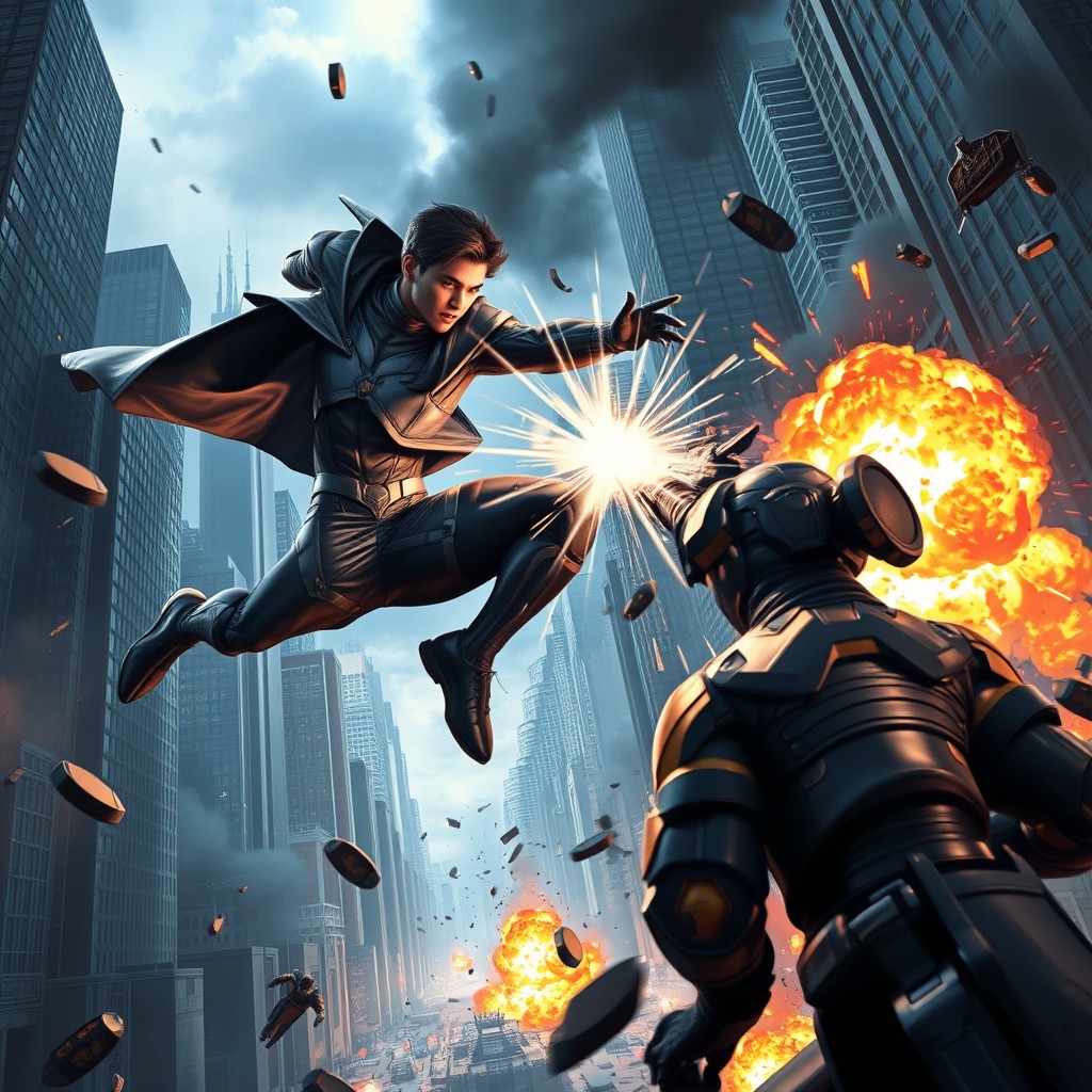 A dynamic scene depicting intense action, featuring a heroic figure engaged in an epic battle against a formidable foe