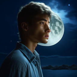 A young man wearing a blue shirt, captured under a sorrowful moonlight in the nighttime. The image should be rendered in 8K resolution detail.