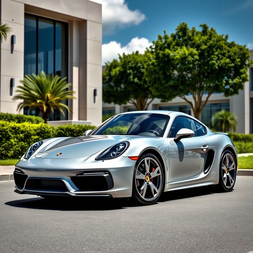 A stunning Porsche Cayman S, model year 2019, parked elegantly in front of a modern architectural building