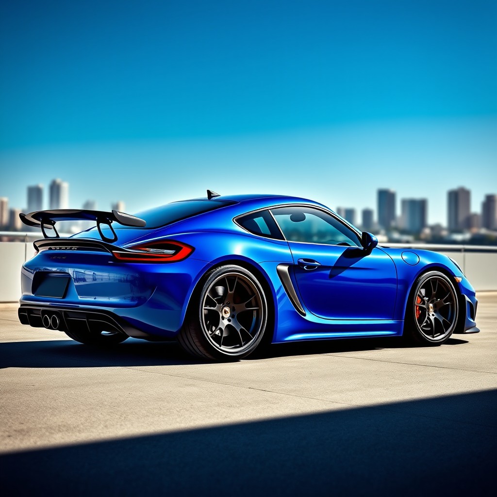 A stunning Porsche Cayman 987 in a vibrant blue color, showcasing an exceptional tuning style