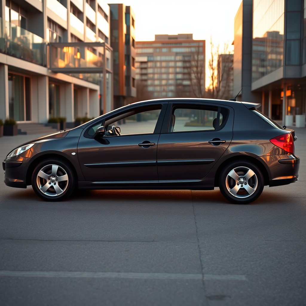 A side view of a Peugeot 307 sedan without side windows, showcasing its sleek profile and distinct lines