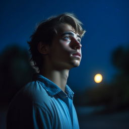 A young man wearing a blue shirt, captured under a sorrowful moonlight in the nighttime. The image should be rendered in 8K resolution detail.