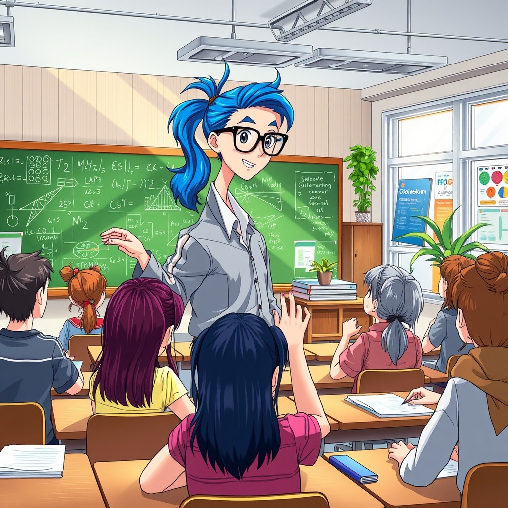 An anime-style scene featuring a dynamic and engaging teacher at the front of a classroom