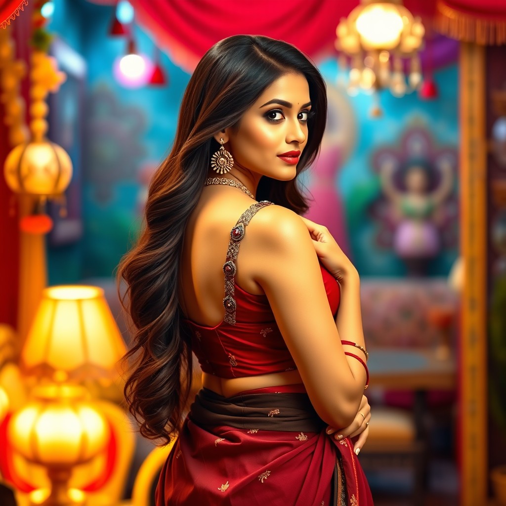 A beautiful Indian actress, styled as a 'bhabhi', elegantly posing with her back facing the viewer