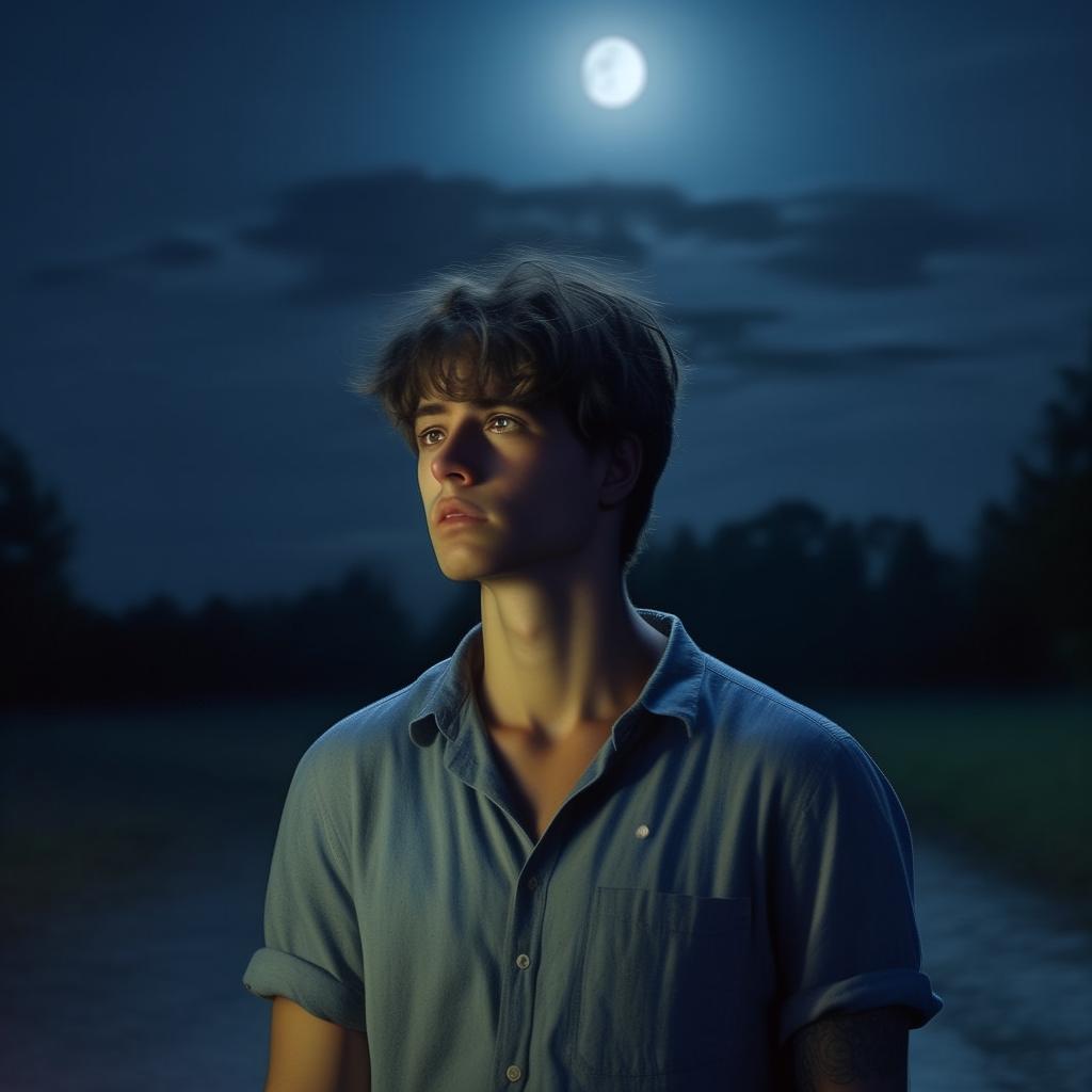 A young man wearing a blue shirt, captured under a sorrowful moonlight in the nighttime. The image should be rendered in 8K resolution detail.