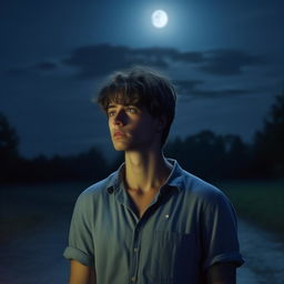 A young man wearing a blue shirt, captured under a sorrowful moonlight in the nighttime. The image should be rendered in 8K resolution detail.