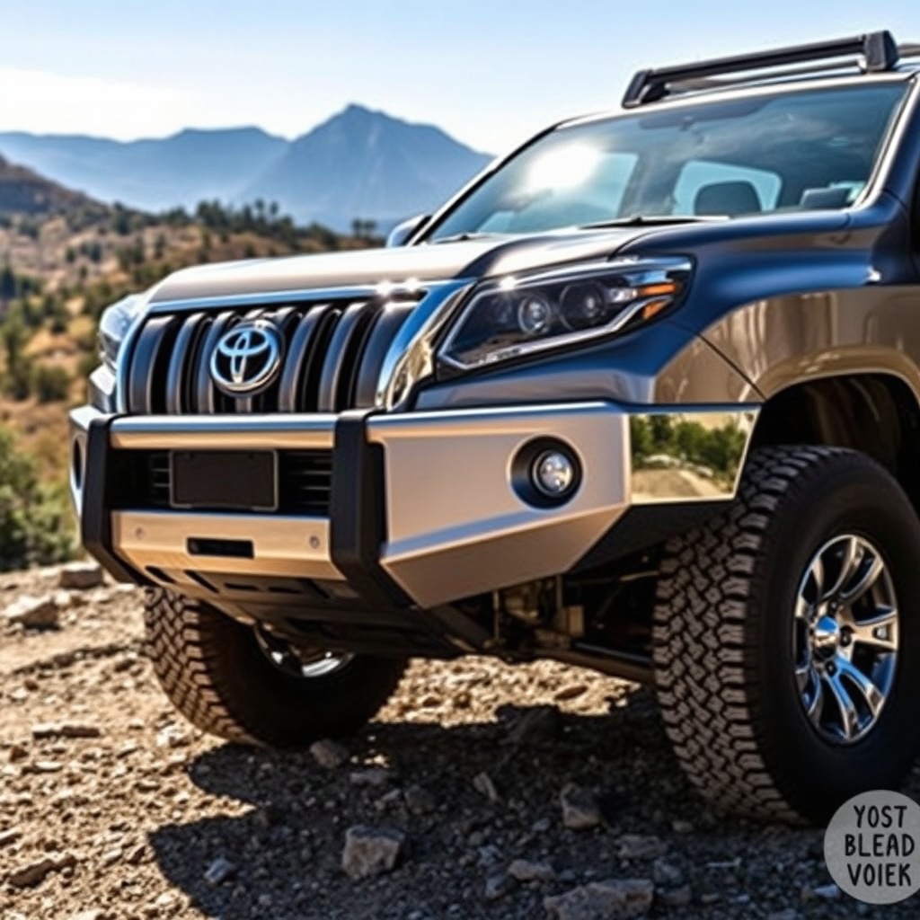A detailed image of a Toyota Prado 120 model with a robust power bumper installed