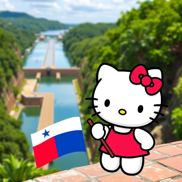 A cute Hello Kitty character holding a flag of the Republic of Panama, displaying her iconic bow and cheerful expression