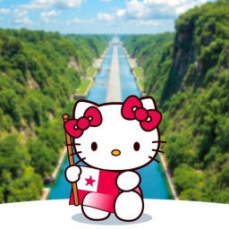 A cute Hello Kitty character holding a flag of the Republic of Panama, displaying her iconic bow and cheerful expression