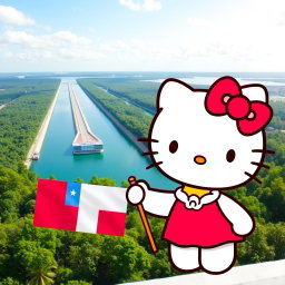 A cute Hello Kitty character holding a flag of the Republic of Panama, displaying her iconic bow and cheerful expression