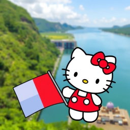 A cute Hello Kitty character holding a flag of the Republic of Panama, displaying her iconic bow and cheerful expression