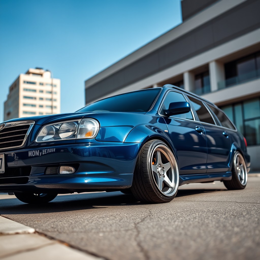 A stunning blue Kadett C Caravan with a deep navy blue finish, featuring sleek TE37 wheels with a diameter of 15 inches