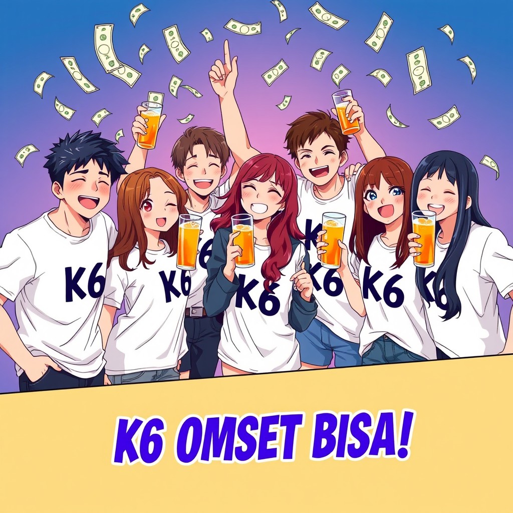 An anime-style poster featuring a group of happy people standing together, celebrating and having fun with drinks of soju in their hands