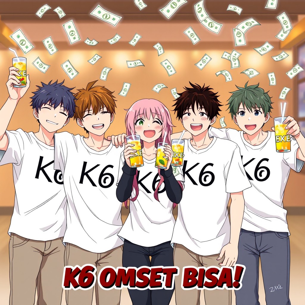 An anime-style poster featuring 5 male characters and 1 female character standing together, joyfully celebrating and having fun with soju drinks in their hands