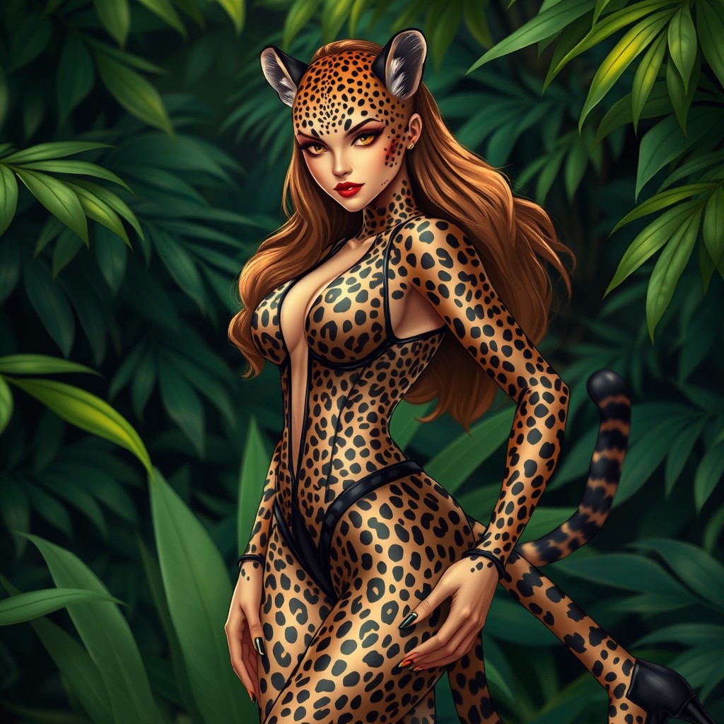 A stunning cheetah girl, exuding confidence and allure, dressed in sleek cheetah-patterned clothing that accentuates her figure