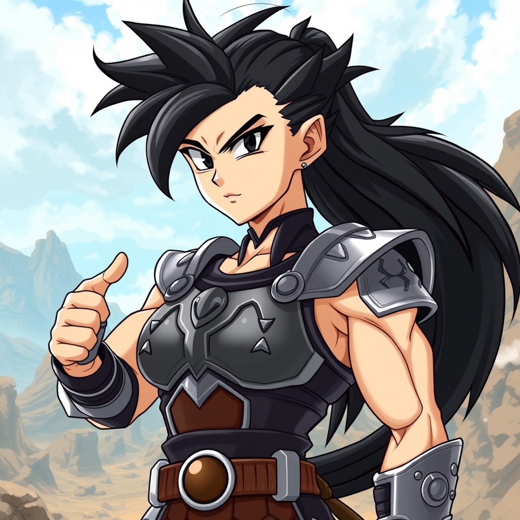 A powerful female Saiyan character with black hair styled so that one side covers her right eye, accentuating her fierce black eyes