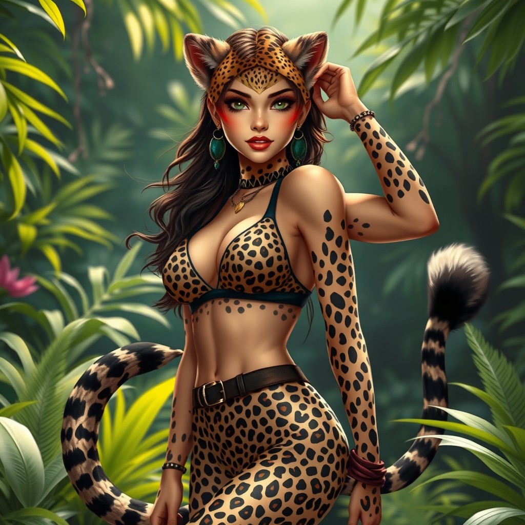 A captivating cheetah girl, radiating allure and charm, dressed in stylish cheetah-patterned clothing that enhances her athletic physique