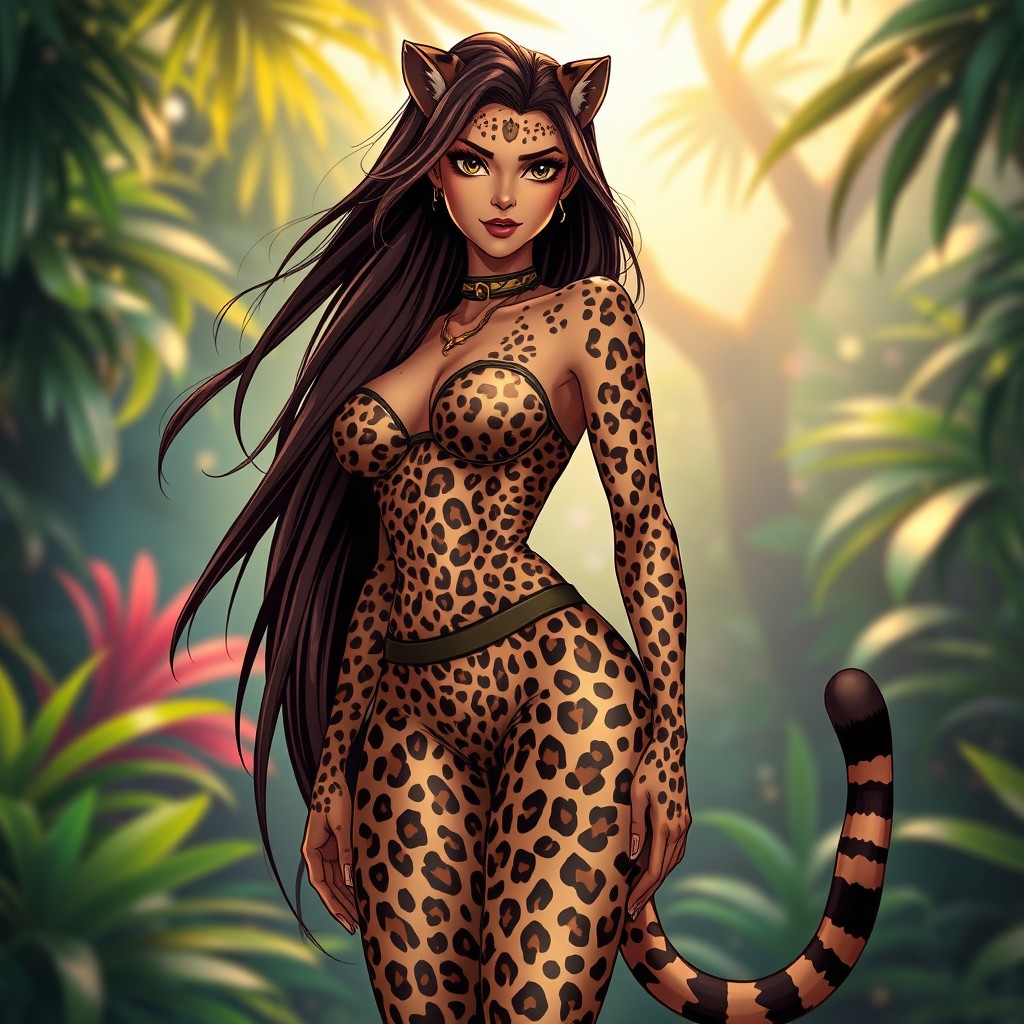 A stunning cheetah girl with long flowing hair, wearing a stylish outfit made of cheetah print fabric