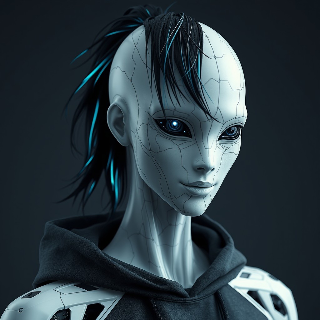 A humanoid figure with skin of a white hue, adorned with thin, barely noticeable lines resembling microcircuits that pulse with a dim blue light