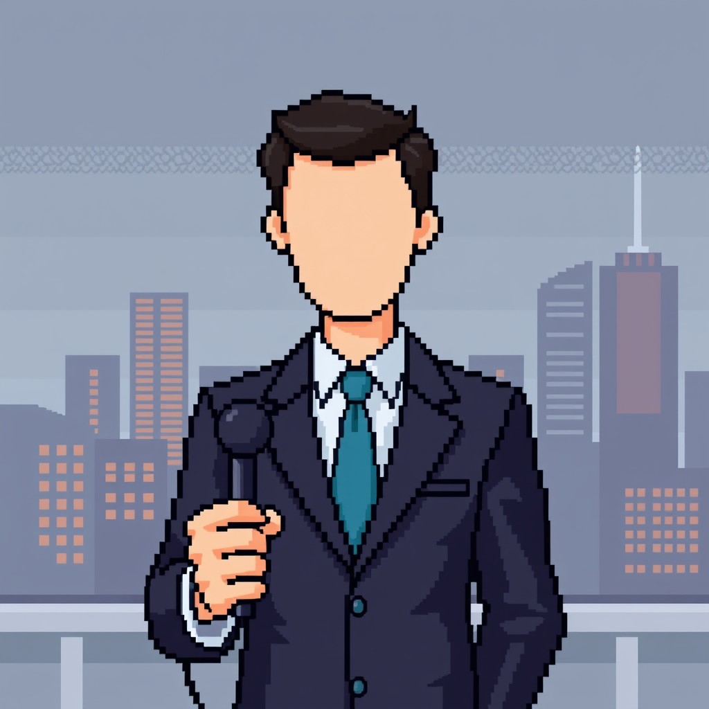 A faceless male news reporter depicted in pixel art style, wearing business formal attire including a tailored suit and tie