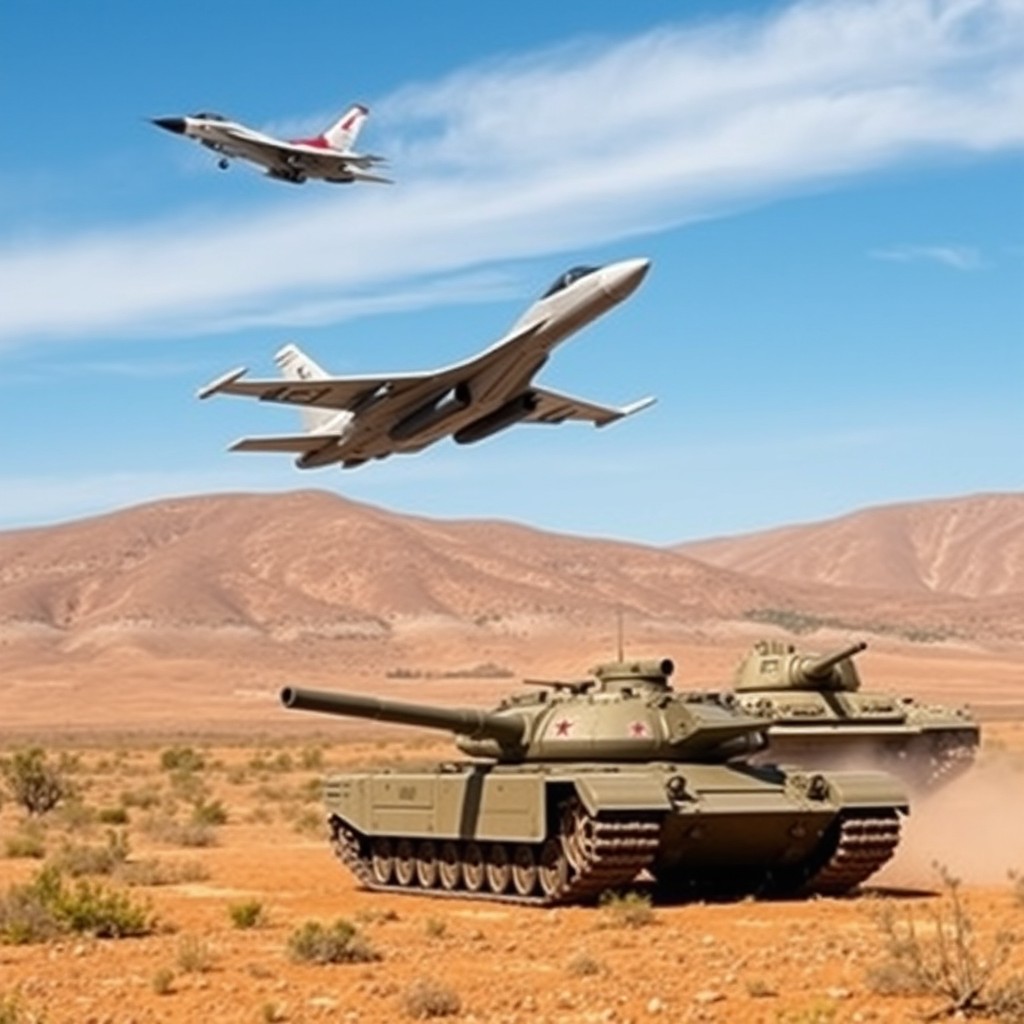 A dynamic military scene set in the vast landscape of Russia, featuring an F-18 jet and a Su-33 fighter jet soaring in the clear blue sky above, showcasing their sleek design and vibrant colors