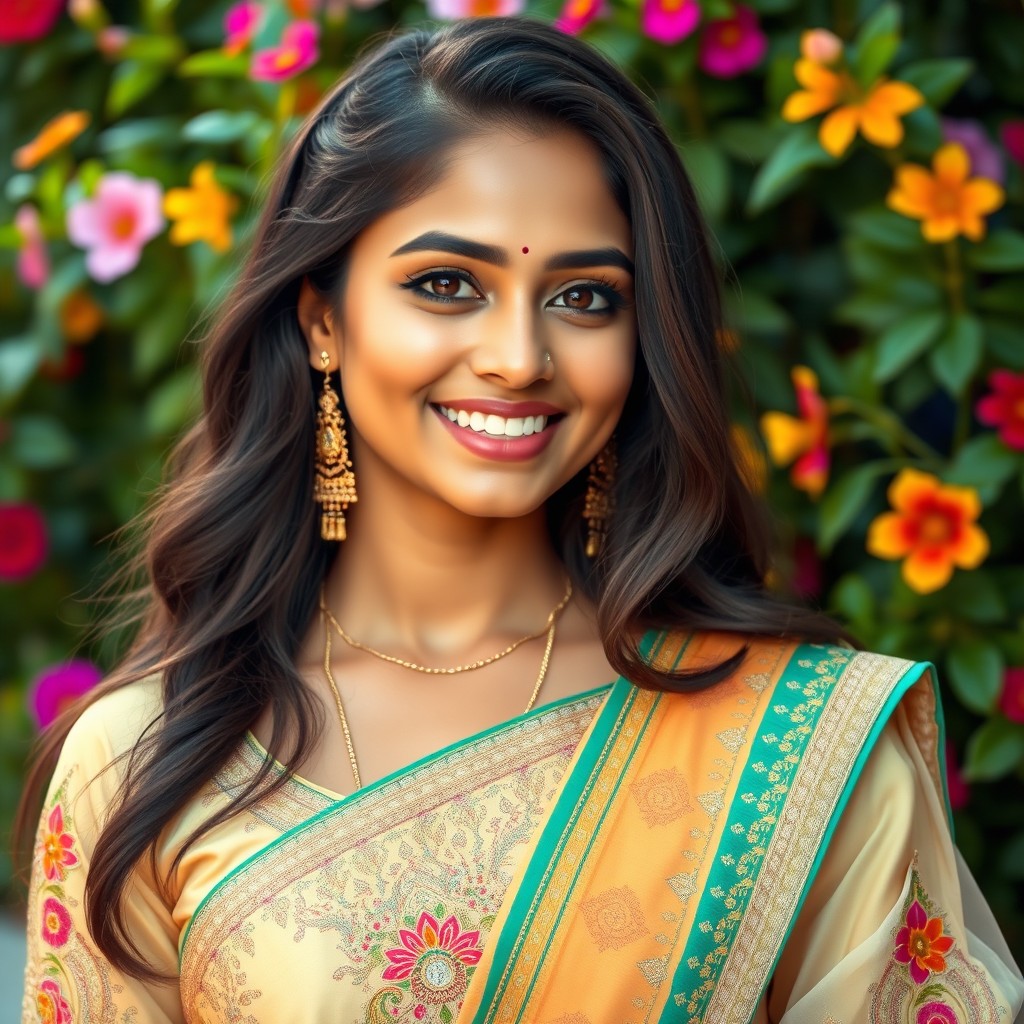A beautiful 20-year-old South Asian woman with a radiant smile, wearing elegant traditional attire that showcases intricate embroidery and vibrant colors