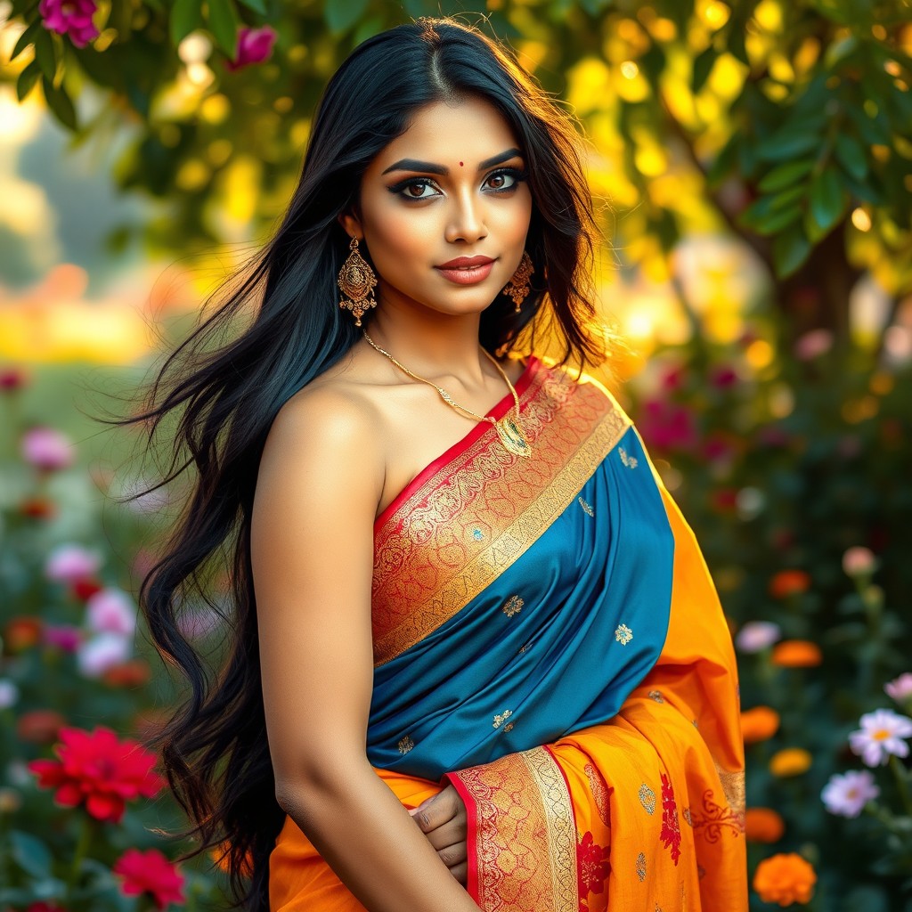 A stunningly beautiful Indian woman with long flowing black hair, wearing a vibrant traditional saree adorned with intricate embroidery