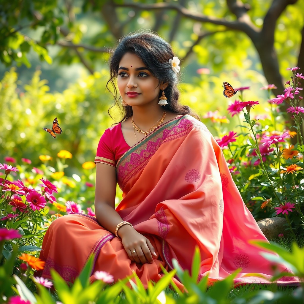 A desi Indian girl sitting gracefully in a serene garden, surrounded by vibrant flowers and lush greenery, wearing a traditional colorful saree with intricate embroidery