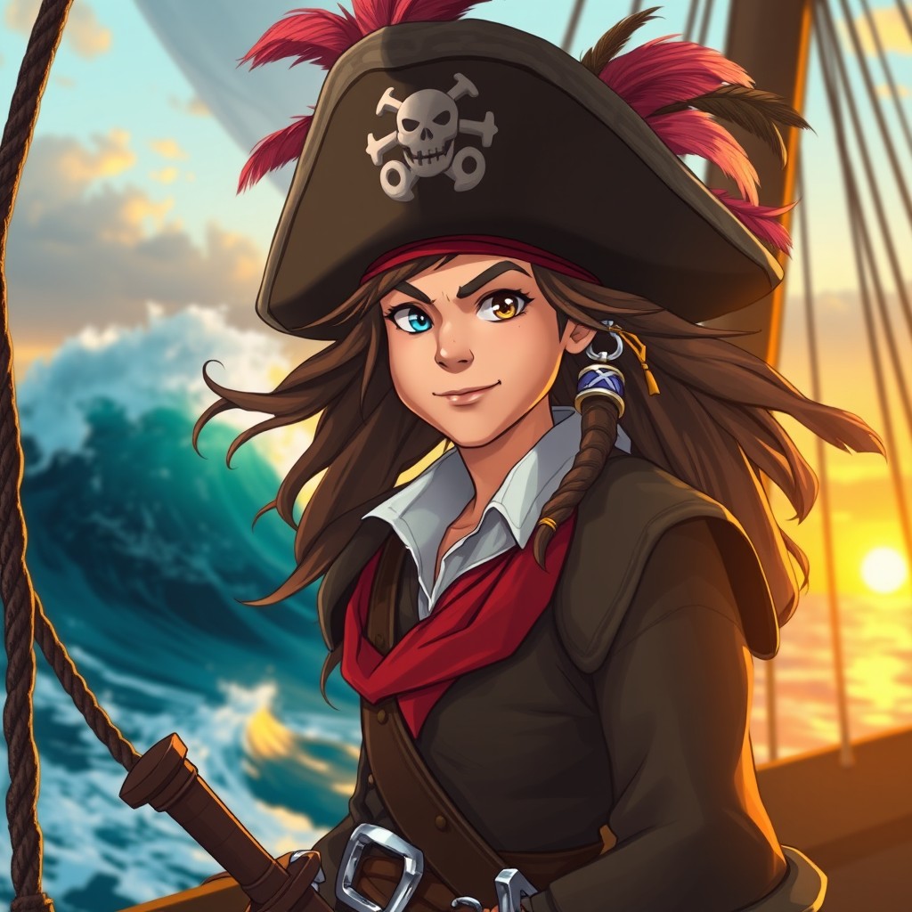 A young male pirate captain, full of potential, wearing a flamboyant pirate hat adorned with feathers