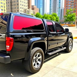 A sleek 2005 Colorado truck featuring a glossy black body, powerful and robust design, showcasing striking red tinted polarized windows