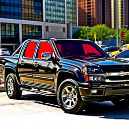 A sleek 2005 Colorado truck featuring a glossy black body, powerful and robust design, showcasing striking red tinted polarized windows
