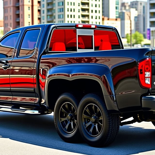 A sleek 2005 Colorado truck featuring a glossy black body, powerful and robust design, showcasing striking red tinted polarized windows