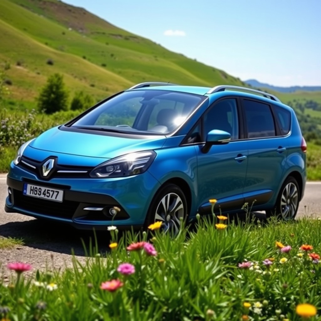 A stunning Renault Scenic 1 resting in a serene environment, painted in a vibrant Gulf Blue color