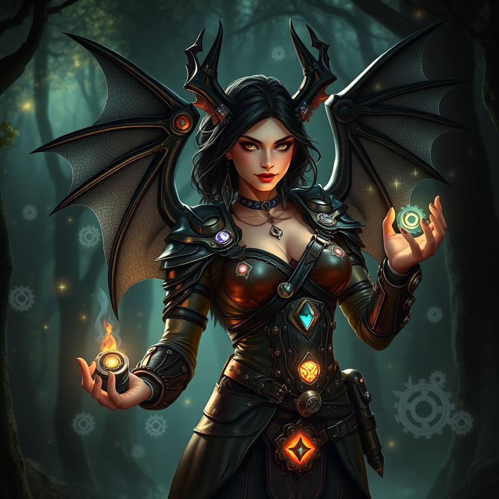 A mysterious Erinyes Rogue Artificer, featuring a beautiful yet fierce woman with bat-like wings and a sly smile, dressed in intricate leather armor adorned with various gadgets and glowing crystals
