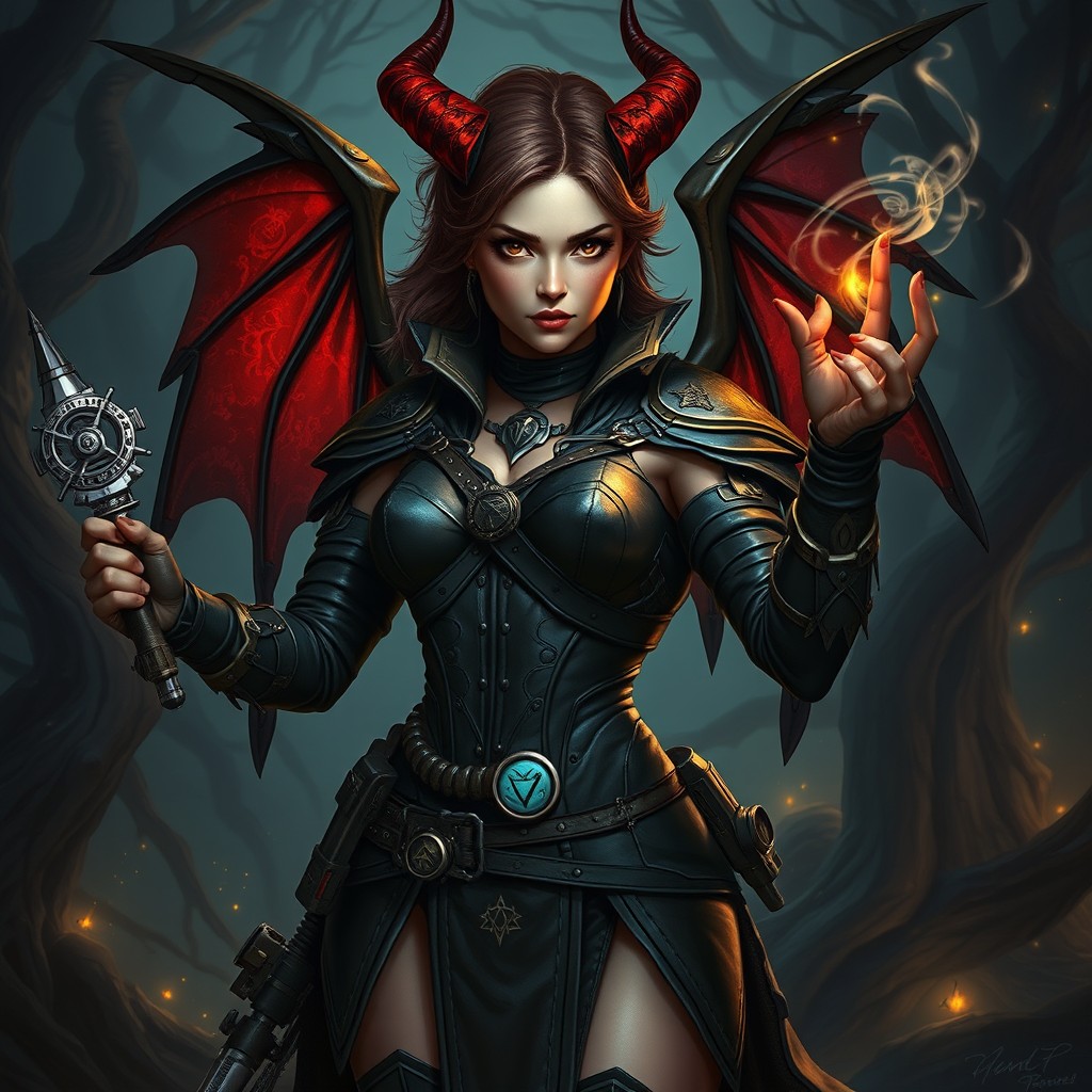 A striking Erinyes Rogue Artificer, defined by her captivating beauty and infernal features, featuring a woman with elegant bat-like wings and piercing eyes
