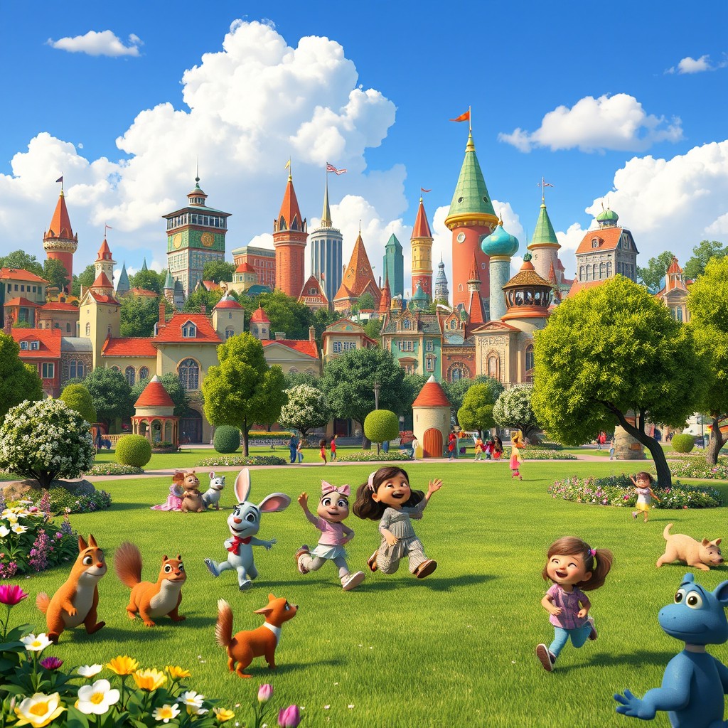 A vibrant and whimsical animated scene inspired by Pixar's unique style, featuring a colorful city skyline with playful architecture, bright blue skies dotted with fluffy white clouds, and characters that resemble quirky anthropomorphic animals engaging in various activities