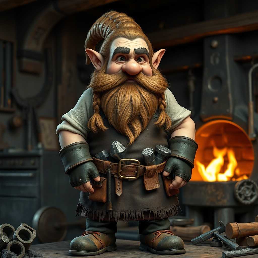 A stout and muscular gnome named Borvin, a skilled blacksmith hailing from the mountain workshops, depicted in his workshop environment