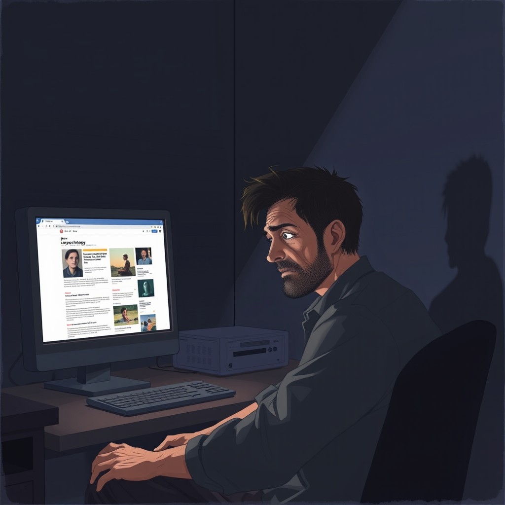 A weary man sitting alone in a dimly lit room, his appearance slightly disheveled