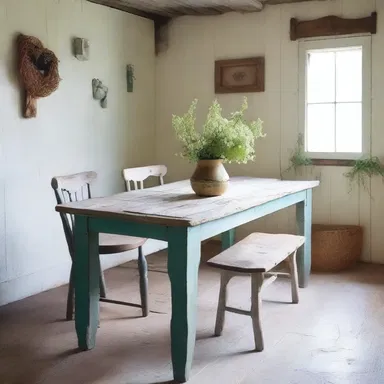 The rustic cottage was decorated with an imperfectly painted wooden table.