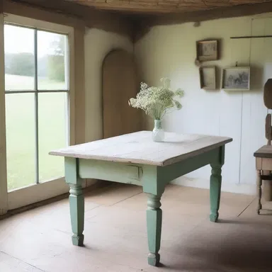 The rustic cottage was decorated with an imperfectly painted wooden table.